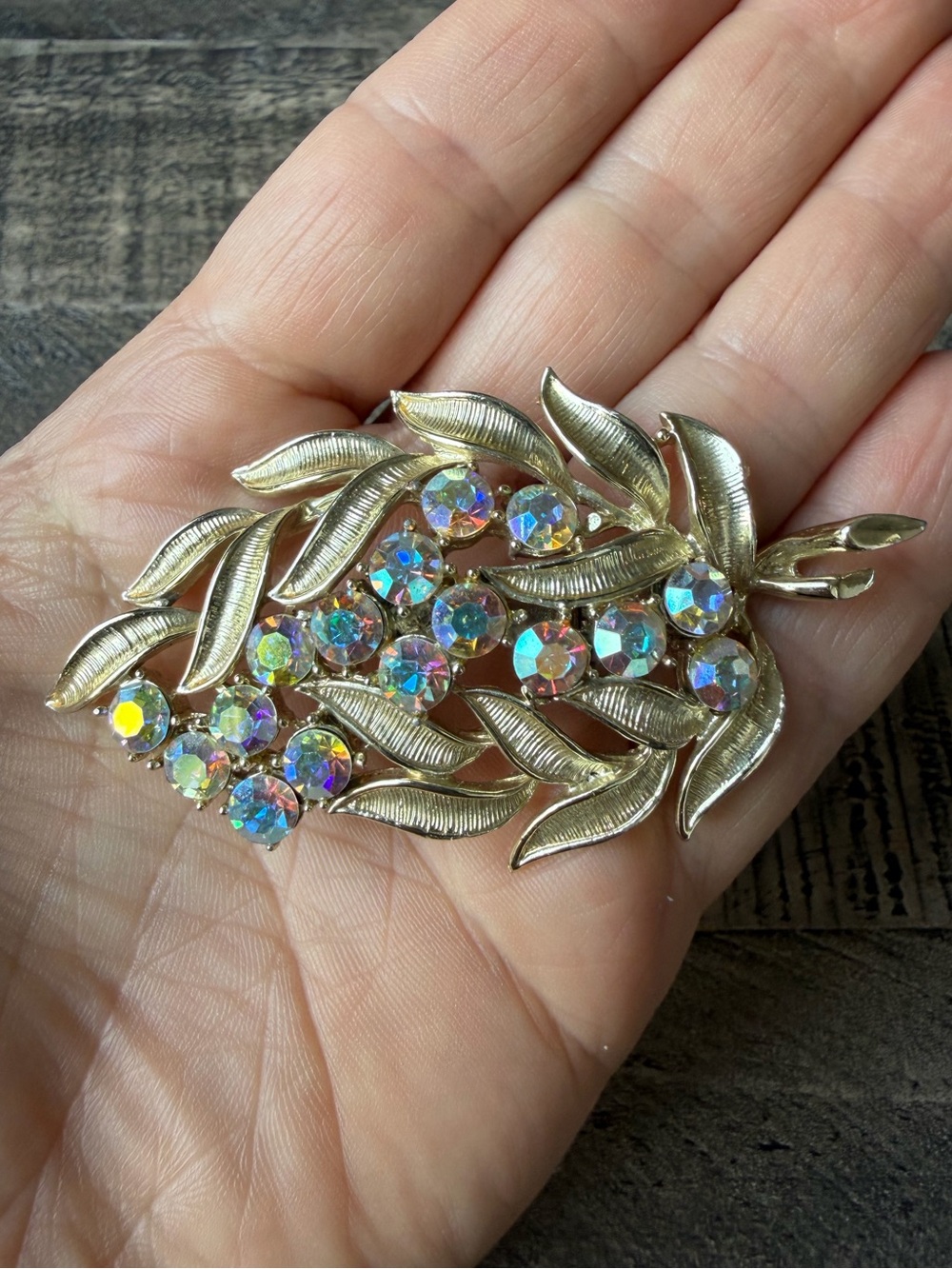 Vintage Coro Aurora Borealis Gold Leaf Brooch